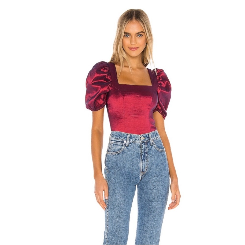 Majorelle Cruz Bodysuit - Elegant Burgundy Puff Sleeve Top